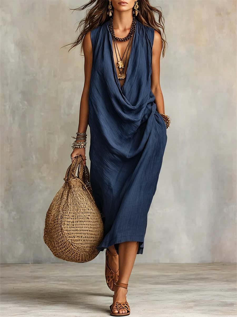 Women's Casual Cotton Linen Collared Dress