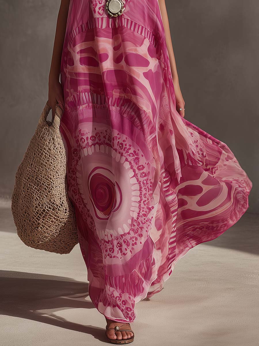 Women's Retro Print Chiffon V-Neck Maxi Dress
