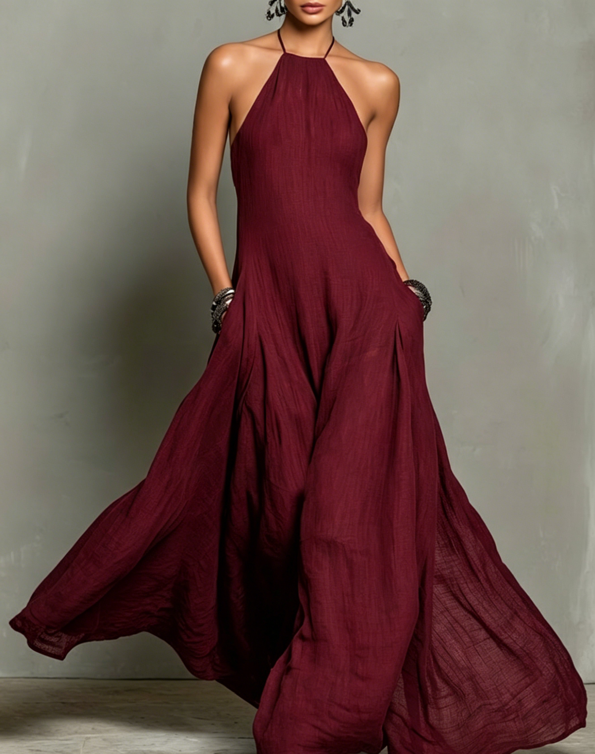 Women's Minimalist Linen Blend Halter Maxi Dress